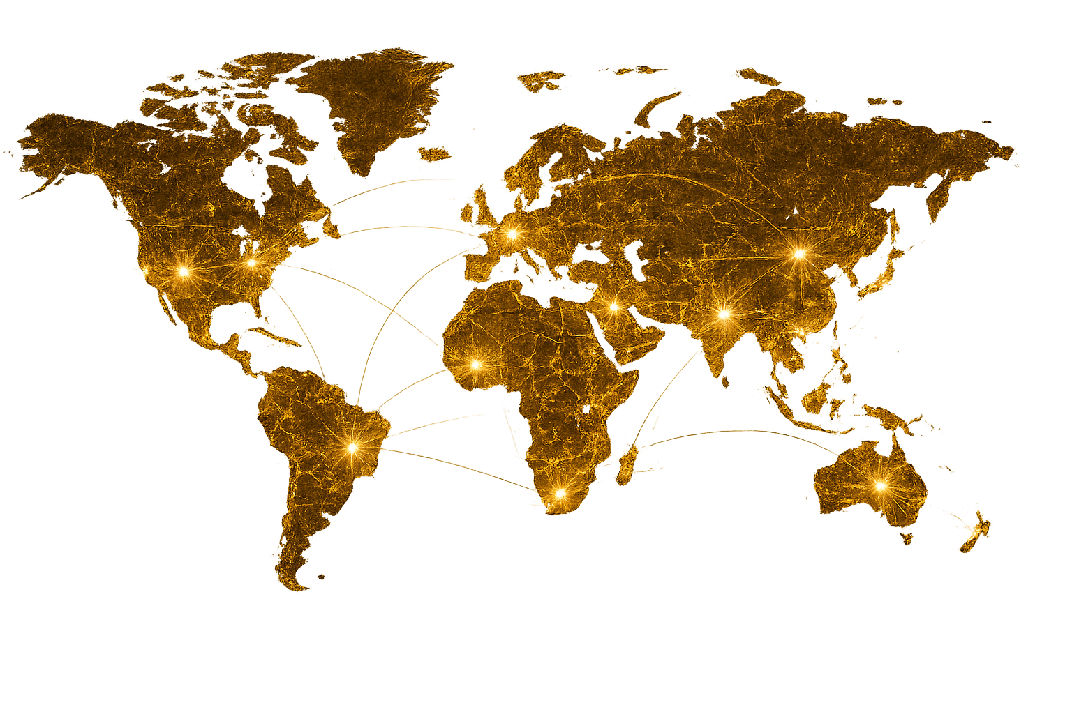 Stylized globe with golden continents, connection arcs, and location markers.